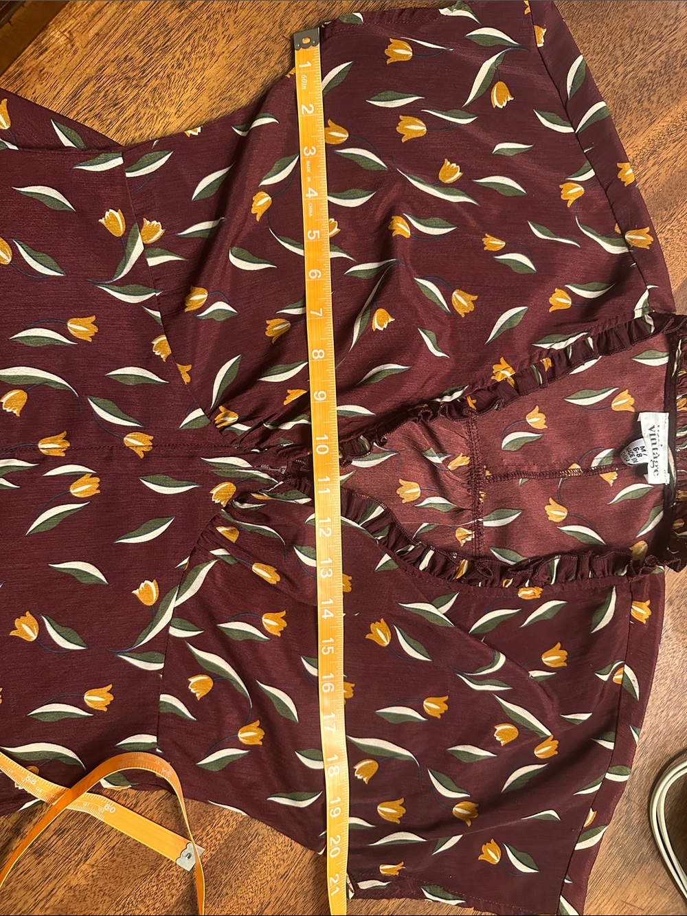 Unique Vintage Burgundy Tulip Ruffle V-Neck Blouse - Picture 5 of 5
